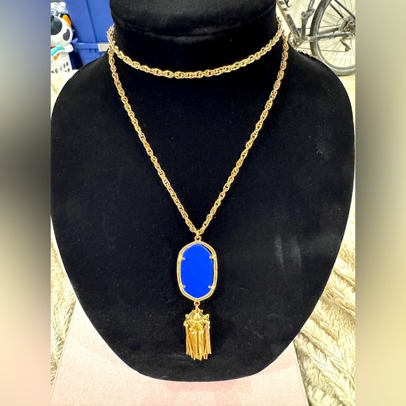 Gold-Tone Statement Necklace with Royal Blue Pendant & Tassel - Picture 1 of 5